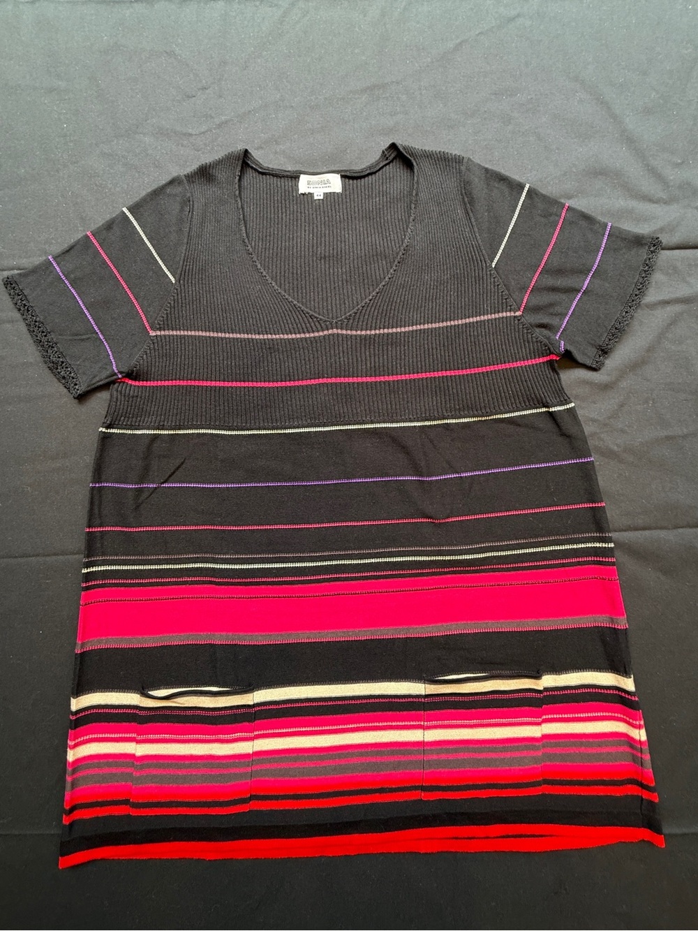 Sonia Rykiel Black Knit Short-Sleeve Top with Pink, Red and Purple Stripes